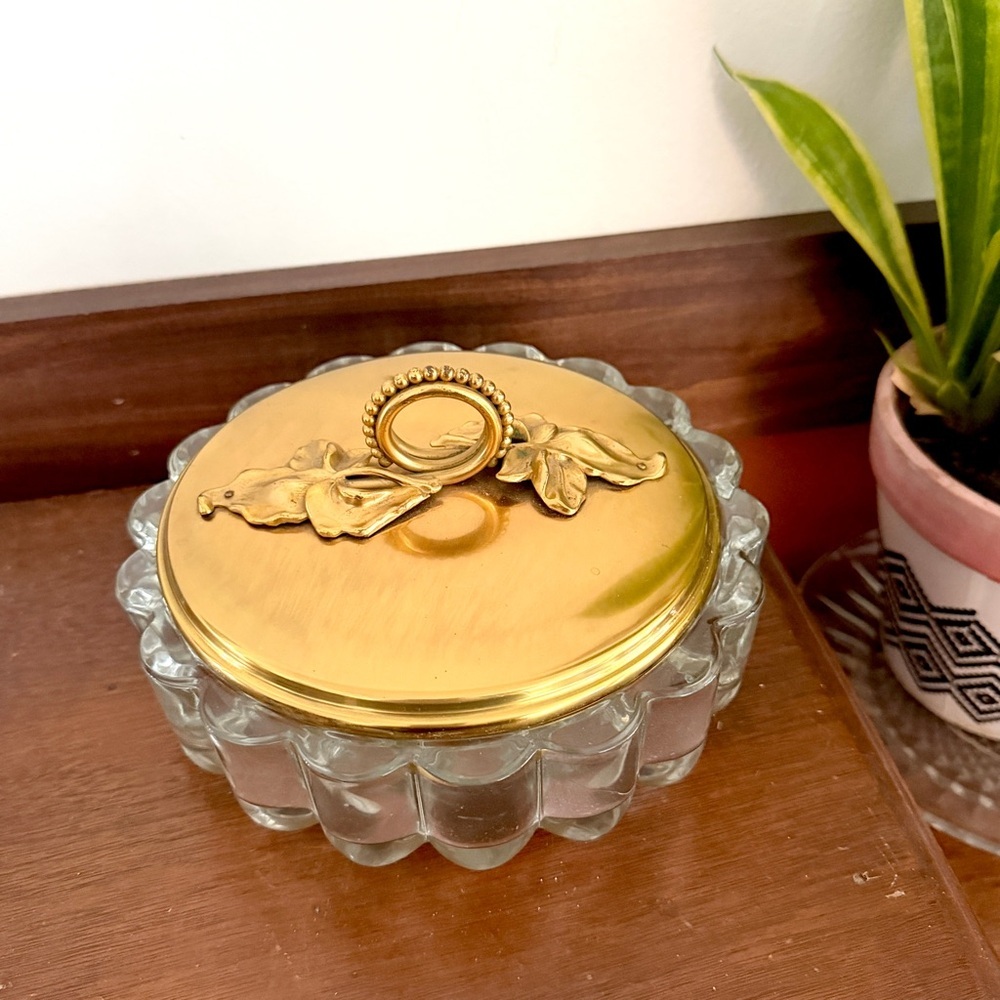 Midcentury Dresser or Candy Box Scalloped Glass Heavy Leaf Handle Gold Metal Lid